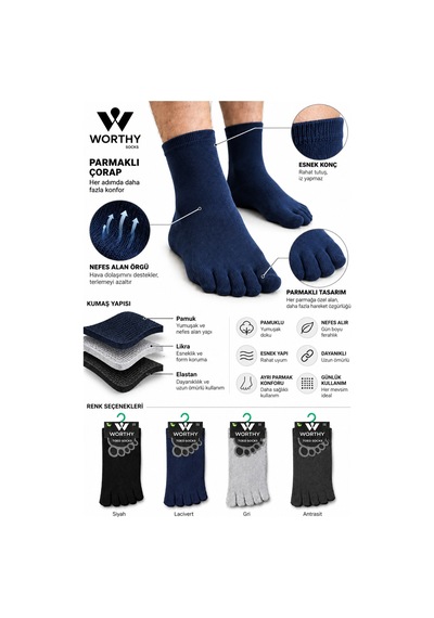 Worthy Socks 4 Çift Unisex Bambu Parmak Çorap Mantar Önleyici Ter Emici 4' Lü Çok Renkli