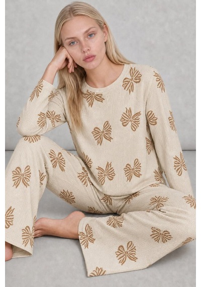 Norcia Sports Kadın Desenli Uzun Kollu Krem Pijama Takımı 4762 Çok Renkli - 929323306 Çok Renkli - 929323306 Çok Renkli
