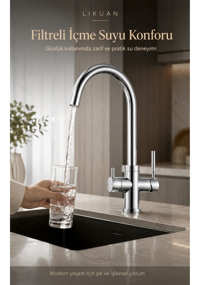 Nkdp3212cp Premium Krom 3 Akışlı Mutfak Musluğu Filtreli İçme Suyu Gümüş