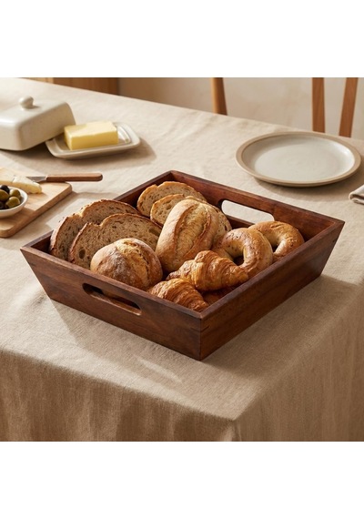 Akasya Ahşap Ekmek Sepeti 25 X 25 Cm, Kulplu Kare Sunum Sepeti, Kahvaltı, Ekmek, Kruvasan, Meyve Ve Sofra Sunumu İçin Dekoratif Ahşap Servis Sepeti