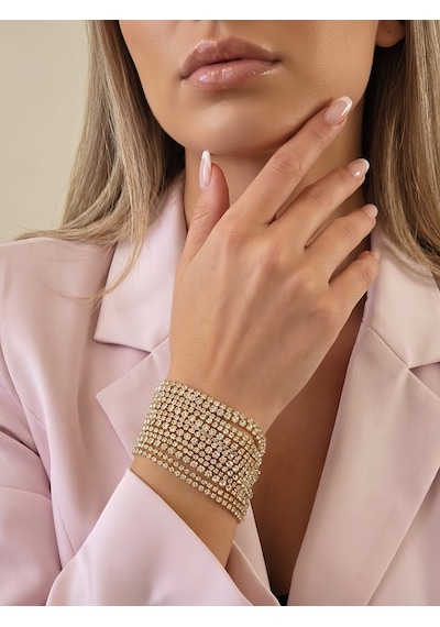 Çoklu Döküm Su Yolu Rhinestone Gold Renk Kristal Bileklik Altın