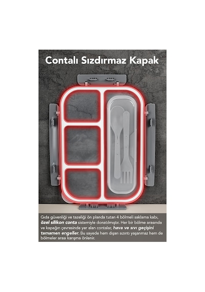 Sızdırmaz Contalı Yemek Kabı - 4 Bölmeli Çatal Kaşıklı Diyet Beslenme Kutusu Lunch Box Gri Gri