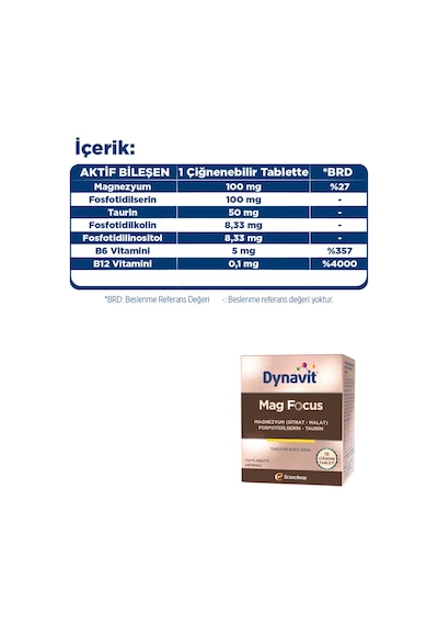 Dynavit Mag Focus 15 Çiğneme Tab - Magnezyum Malat & Sitrat, Fosfotidilserin, B6 & B12 Vitamini - Odaklanma