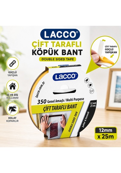 Lacco Çift Taraflı Köpük Bant 12 Mm X 25 M Güçlü Yapışkanlı Montaj Bandı Çok Amaçlı Beyaz 1 Adet