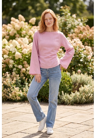 Soulshae Kadın Keten Kayık Yaka Uzun Kollu Volanlı Kol Arka Bağlamalı Bluz Pembe