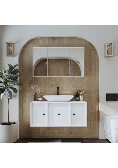 Çanak Lavabolu Mat Mdf 105 Cm Banyo Dolabı + Aynalı Dolap Mat Beyaz