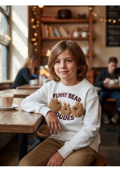 Zekids Erkek Çocuk Peluş Ayıcık İşlemeli Sweatshirt-16393 Ekru