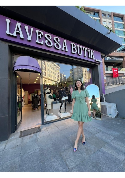 Lavessa Keten V Yaka Mini Elbise - Yeşil Renk-85