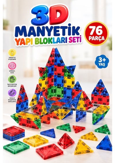 76 Parça Manyetik Yapı Blokları 3 Boyutlu Mıknatıslı Eğitici Geometrik Oyuncak ve Yapboz Seti