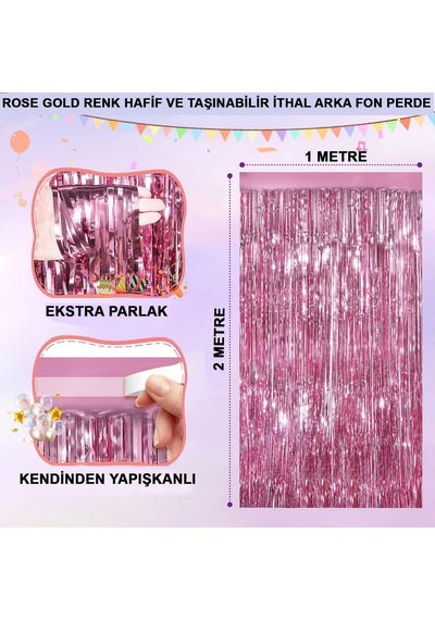 Rose - 18 - Gold Renk Ekstra Metalize Parlak Saçaklı Arka Fon Perde İthal A Kalite - Kmrsfres - 1x2 Metre Tüm Yaşlar