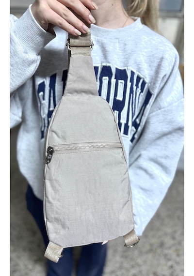 Su Geçirmez Kumaş Bej Unisex Body Bag Çapraz Omuz Çantası Bej