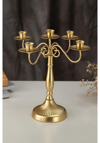 5 Gözlü Şık Restoran Düğün Şamdan Dekoratif Metal Mat Gold Mumluk Mt282sr Diğer