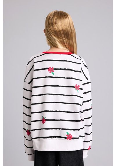 Defacto Relax Fit Çizgili Çiçekli Bisiklet Yaka Uzun Kollu Sweatshirt Kız Çocuk I4151a826auwt34 Beyaz-wt34