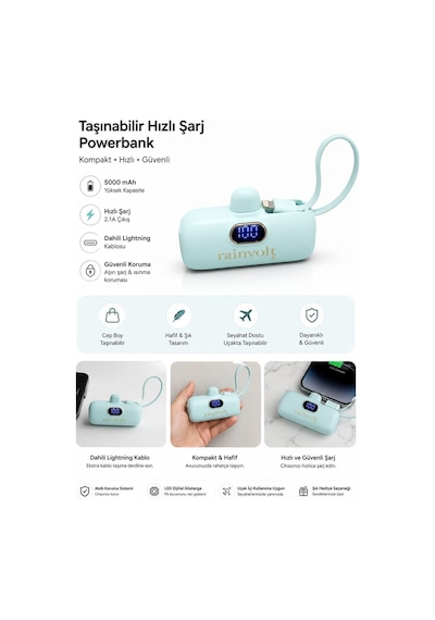 Rainvolt Mini Kapsül Powerbank Led Dijital Göstergeli & Dahili Kablolu Taşınabilir Şarj Cihazı Yeşil