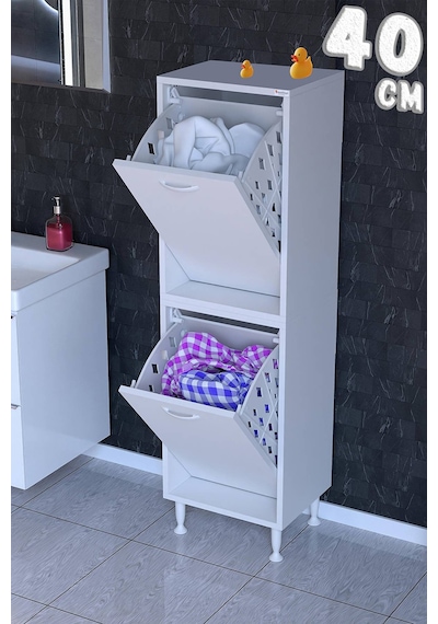 Deniz 2 Katlı Kirli Sepeti, Çok Amaçlı Banyo Dolabı - 40 X 138 X 32,5 Cm 40 Cm