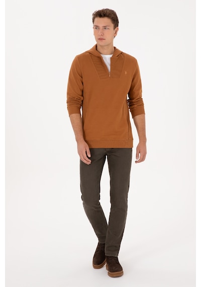 U.S. Polo Assn. Erkek Regular Fit Yarım Fermuarlı Kapüşonlu Camel Sweatshirt 50316391-VR233