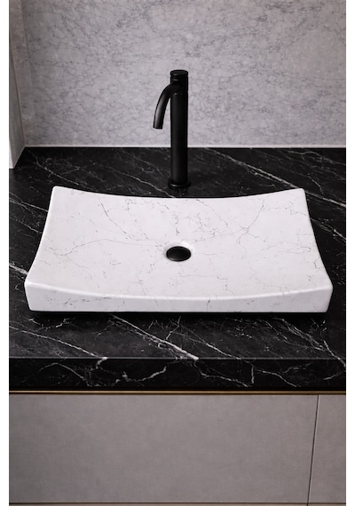 Mermer Desenli Tezgah Üstü Kayık Model Taş Lavabo 35 X 60 Cm Beyaz