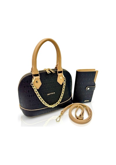Just Polo Kadın Zincir Detaylı Lüks El & Omuz Çantası Ve Cüzdanı Kombin Shopper Ebat : 25x22 Cm Siyah - Camel