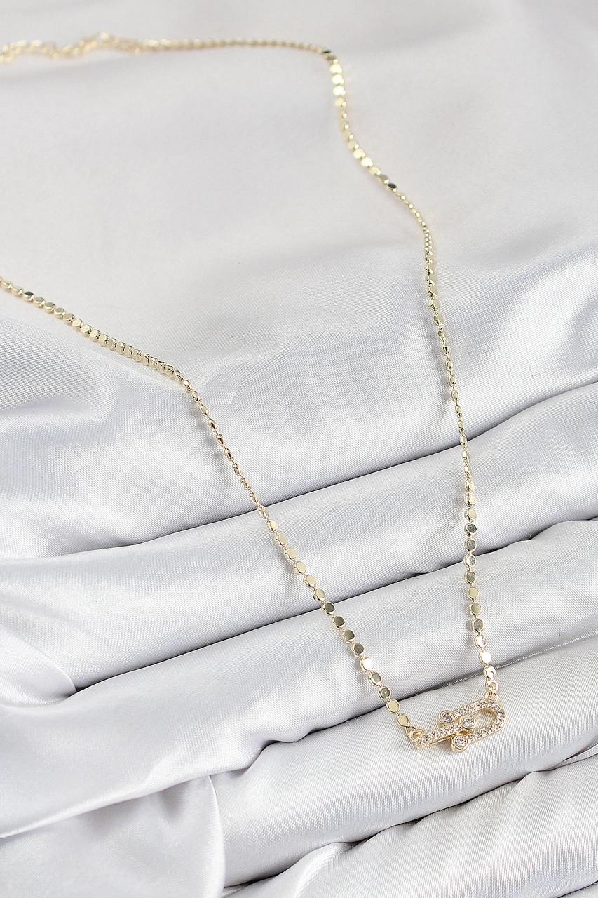 Tua Moda Pirinç Zirkon Taşlı Tifany Model Ezme Zincir Gold Renk Kadın Kolye Çok Renkli
