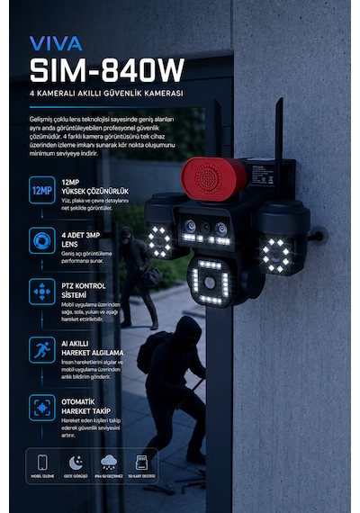 Viva Sım-840w 4 Kameralı Akıllı Güvenlik Kamerası 12mp Wifi Ptz Aı Hareket Takipli Renkli Gece Görüşlü Dış Mekan Ip Kamera