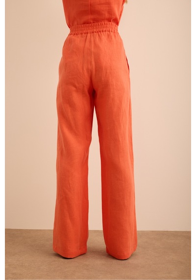 Aker Beli Lastikli Keten Pantolon Mercan Mercan
