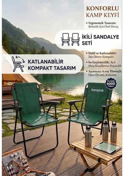 Metal Katlanır Kamp Karavan Doğa Piknik Plaj Sandalyesi 2 Adet Mavi - Yeşil Yeşil
