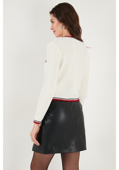 Lela Premium Regular Fit Bisiklet Yaka Renk Bloklu Düğmeli Crop Bayan Hırka 680Hi00550 Ekru