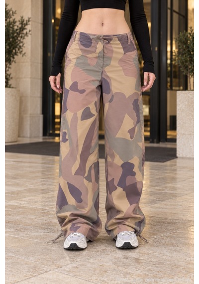 Polo State Kadın Bej Kamuflaj Desenli Bel Ve Paça Bağcıklı Bol Paça Pantolon