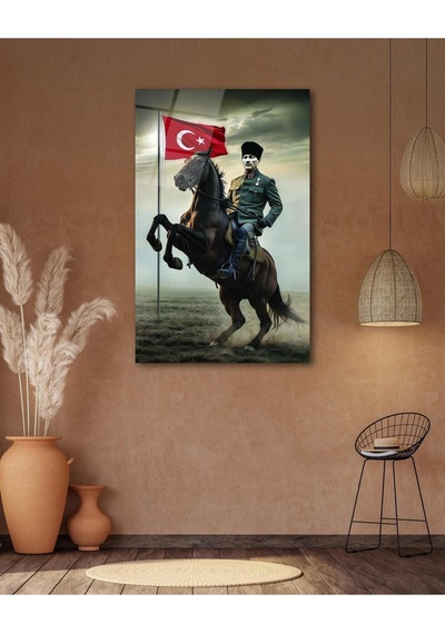 Atatürk Portre Ve Türk Bayrağı Cam Tablo Modern Ev Ofis Salon Hediyelik Büyük Tablo Duvar Dekoru