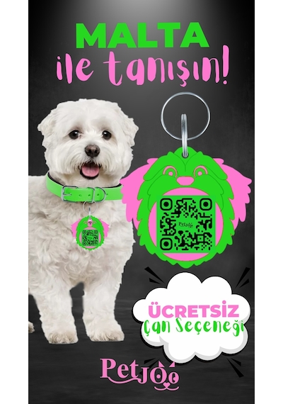 Petjoo 12.Malta Pembe-Yeşil Qr'lı Köpek Künyesi