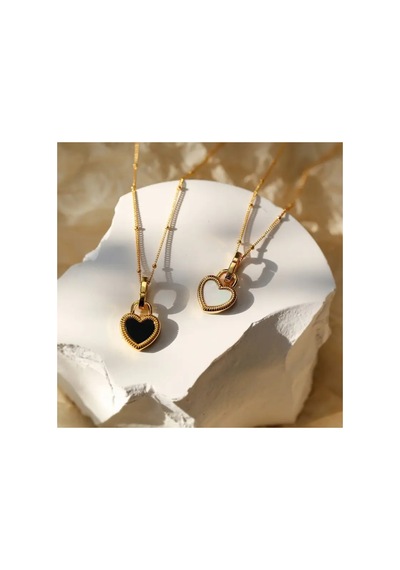 Shade - Çift Taraflı Siyah Beyaz Kalp Paslanmaz Çelik Unisex 14 Şubat Özel Tasarım Hediye Kolye Gold