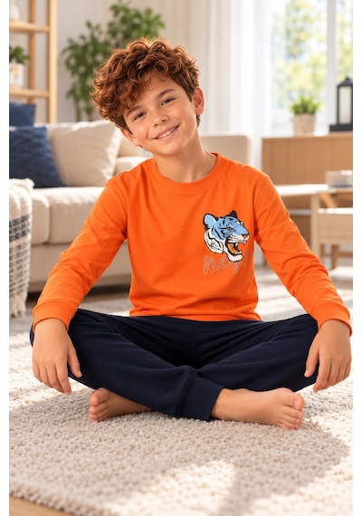 Tarık İnterlok Kumaş Garson Boy Erkek Pijama Takımı 6-10 Yaş -ta4404360 - Turuncu