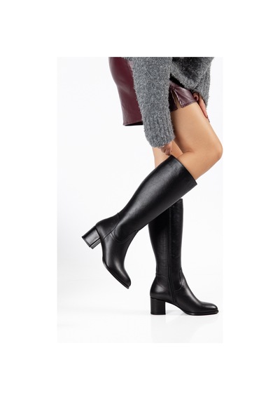 Analin Shoes Kadın Hakiki Deri Arkası Fermuarlı Ayarlanabilir Konçlu Topuklu Çizme Siyah