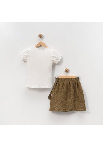 Overdo Kids Kız Çocuk Kısa Kol T-shirt Simli Etek Takım Ekru