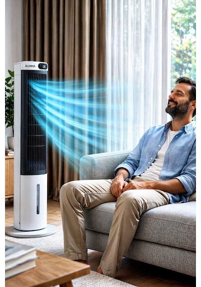 Exenar - Beyaz - Kule Tipi Soğutucu Fan Uzaktan Kumandalı Su Buharlı Soğutucu Vantilatör 70w-3l Su Tankı-led Ekranlı
