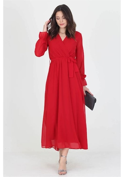 Neşeli Butik Kadın Yeni Sezon Astarlı Kruvaze Yaka Uzun Şifon Elbise Nb003 Kırmızı