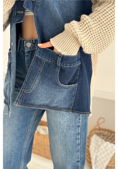Femelle Bej Kolları Ve Sırtı Triko Kot Denim Oversize Hırka Cepli Standart Beden