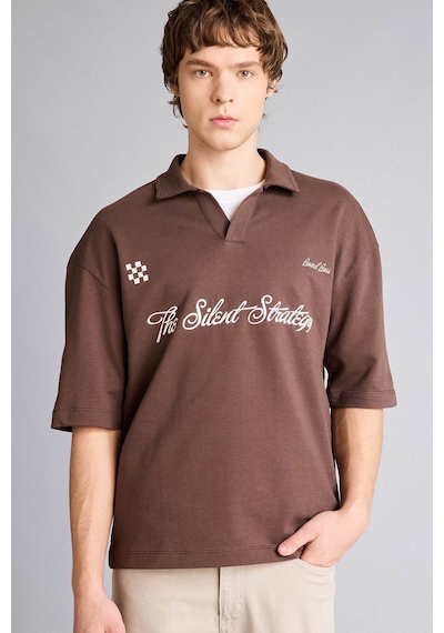 Defacto Loose Fıt Slogan Baskılı Sweatshirt Kumaşı Polo Yaka Tişört F8676ax26spbn151 Kahve-bn151
