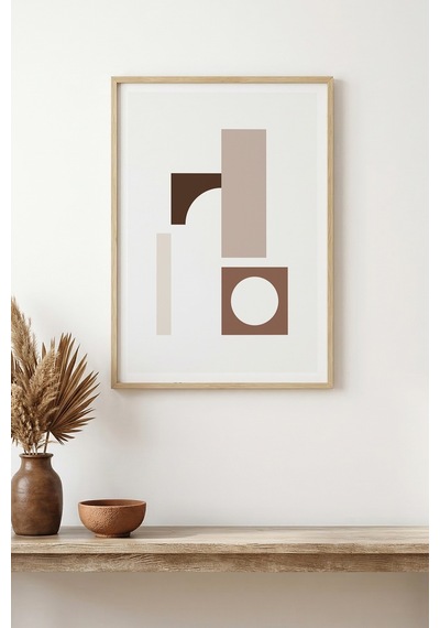 Doğal Ahşap Çerçeveli Minimal Geometrik Desenli Tablo - Pastel Tonlar Huhu1489
