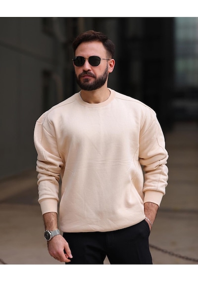 Kalın İçi Pamuklu Cepli Oversize Sweatshirt Krem