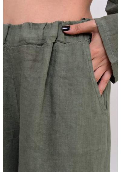 Bohem Stil İtalyan Fisto Detaylı Keten Pantolon-8748 Haki