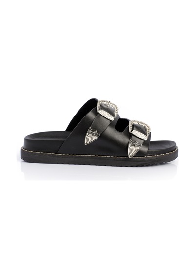 Shoetek Lanice Kadın Terlik Çift Bantlı Tokalı Siyah Deri Siyah Cilt Siyah