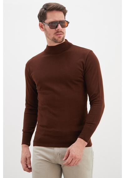 Fullamoda Basic Dik Yaka Regular Fit Triko Kazak Kahve