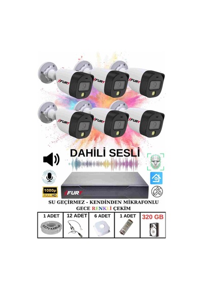 Fury 6 Lı Sesli Gece Renkli Görüş Güvenlik Kamerası Su Geçirmez Güvenlik Kamerası Seti 320gb