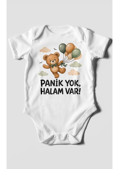 Morivokids Panik Yok, Halam Var Kısa Kollu Bebek Body %100 Pamuk Beyaz