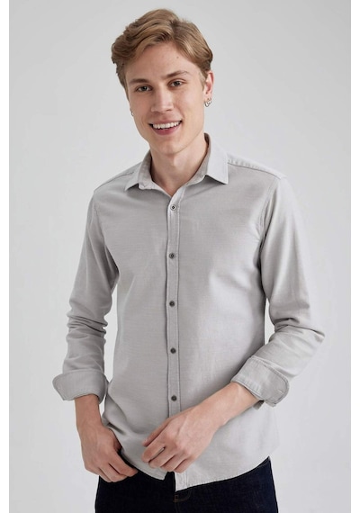 Defacto Slim Fit Dar Kesim Pamuklu Basic Düz Uzun Kollu Gömlek A4644AX23AUGR91 Gri