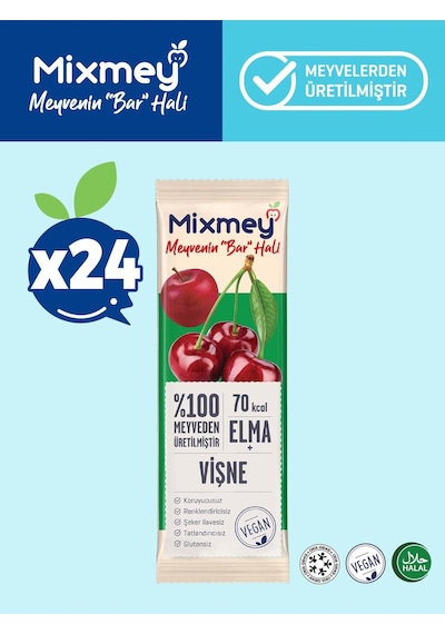 Mixmey Vişne Meyve Barı 24 Adet | Atıştırmalıklar – Vegan, Glutensiz, Koruyucusuz (20GR X 24 ADET)