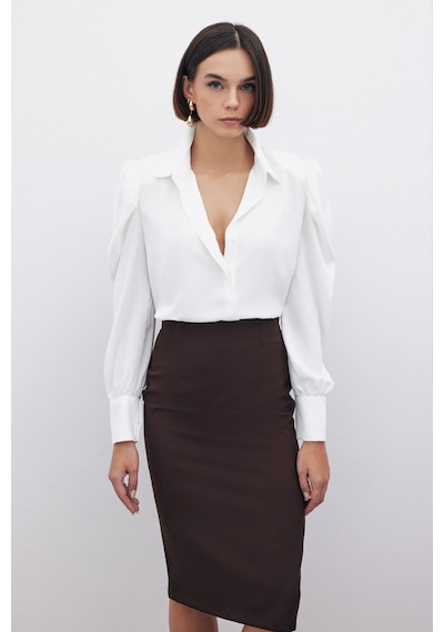 Sateen Düz Kalem Etek - Kahve