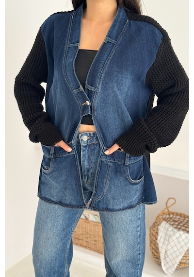 Femelle Siyah Kolları Ve Sırtı Triko Kot Denim Oversize Hırka Cepli Standart Beden