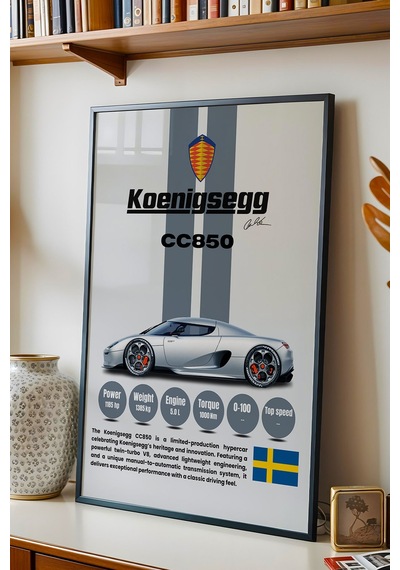 Koenigsegg Cc850 Araba Tablosu - Teknik Özellikli Otomobil Poster - Çerçeveli Duvar Dekoru Siyah